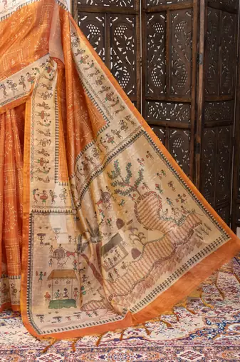 Premium soft pure tissue tussar silk blend saree with warli printed pallu & contrast border  print