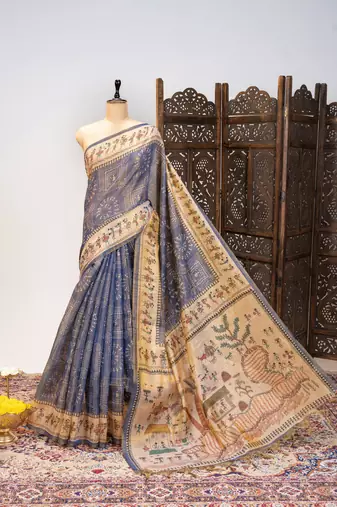 Premium soft pure tissue tussar silk saree with warli printed pallu & contrast border – traditional print