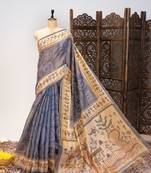 Premium soft pure tissue tussar silk saree with warli printed pallu & contrast border     traditional print