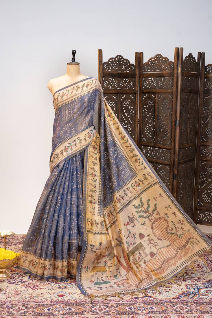 Premium soft pure tissue tussar silk saree with warli printed pallu & contrast border – traditional print