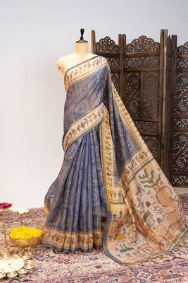 Premium soft pure tissue tussar silk blend saree with warli printed pallu & contrast border  print 2