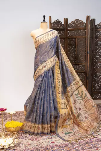 Premium soft pure tissue tussar silk blend saree with warli printed pallu & contrast border  print