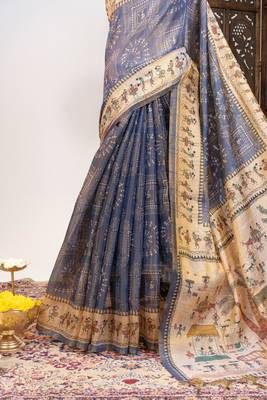 Premium soft pure tissue tussar silk blend saree with warli printed pallu & contrast border  print 3