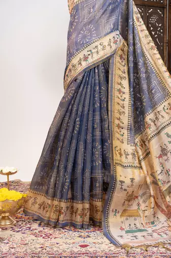 Premium soft pure tissue tussar silk blend saree with warli printed pallu & contrast border  print