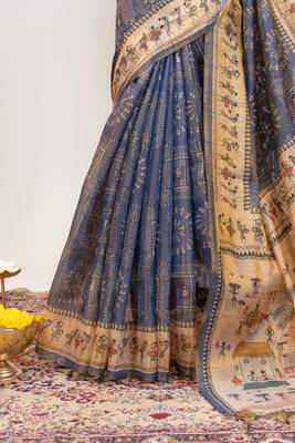 Premium soft pure tissue tussar silk blend saree with warli printed pallu & contrast border  print 4