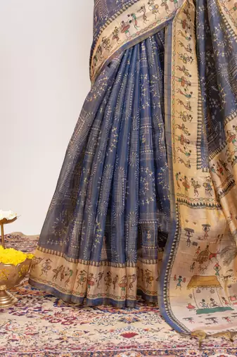 Premium soft pure tissue tussar silk blend saree with warli printed pallu & contrast border  print