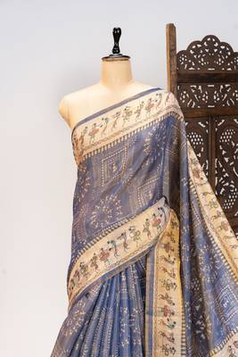 Premium soft pure tissue tussar silk blend saree with warli printed pallu & contrast border  print 5