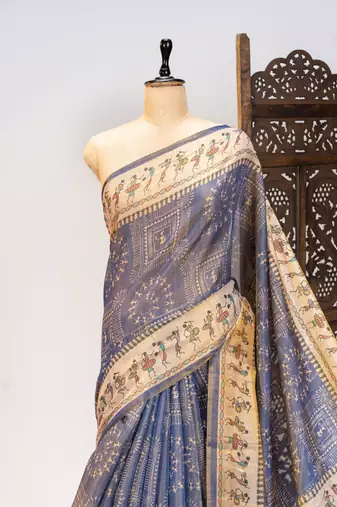 Premium soft pure tissue tussar silk blend saree with warli printed pallu & contrast border  print