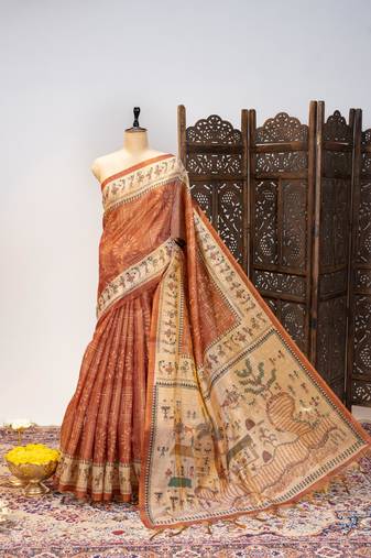 Premium soft pure tissue tussar silk saree with warli printed pallu & contrast border – traditional print