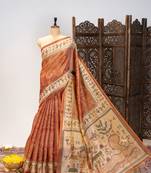 Premium soft pure tissue tussar silk blend saree with warli printed pallu & contrast border   traditional print