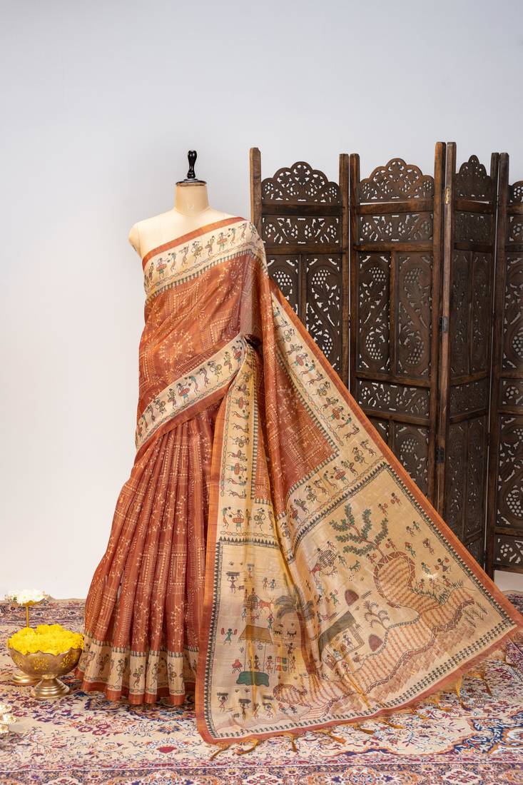 Premium soft pure tissue tussar silk saree with warli printed pallu & contrast border – traditional print