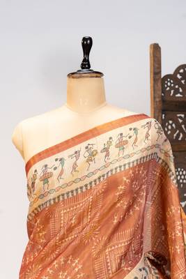  soft pure tissue tussar silk blend saree with warli printed pallu & contrast border print 3