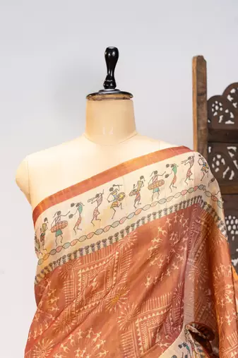 Premium soft pure tissue tussar silk blend saree with warli printed pallu & contrast border  print