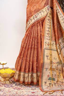  soft pure tissue tussar silk blend saree with warli printed pallu & contrast border print 5