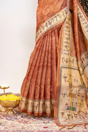 Premium soft pure tissue tussar silk blend saree with warli printed pallu & contrast border  print