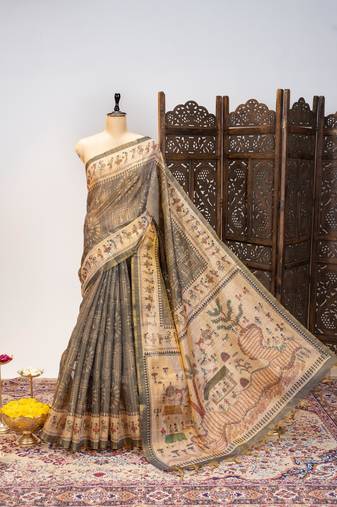 Premium soft pure tissue tussar silk saree with warli printed pallu & contrast border – traditional print