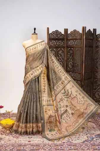 Premium soft pure tissue tussar silk saree with warli printed pallu & contrast border – traditional print