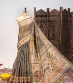 Premium soft pure tissue tussar silk saree with warli printed pallu & contrast border     traditional print