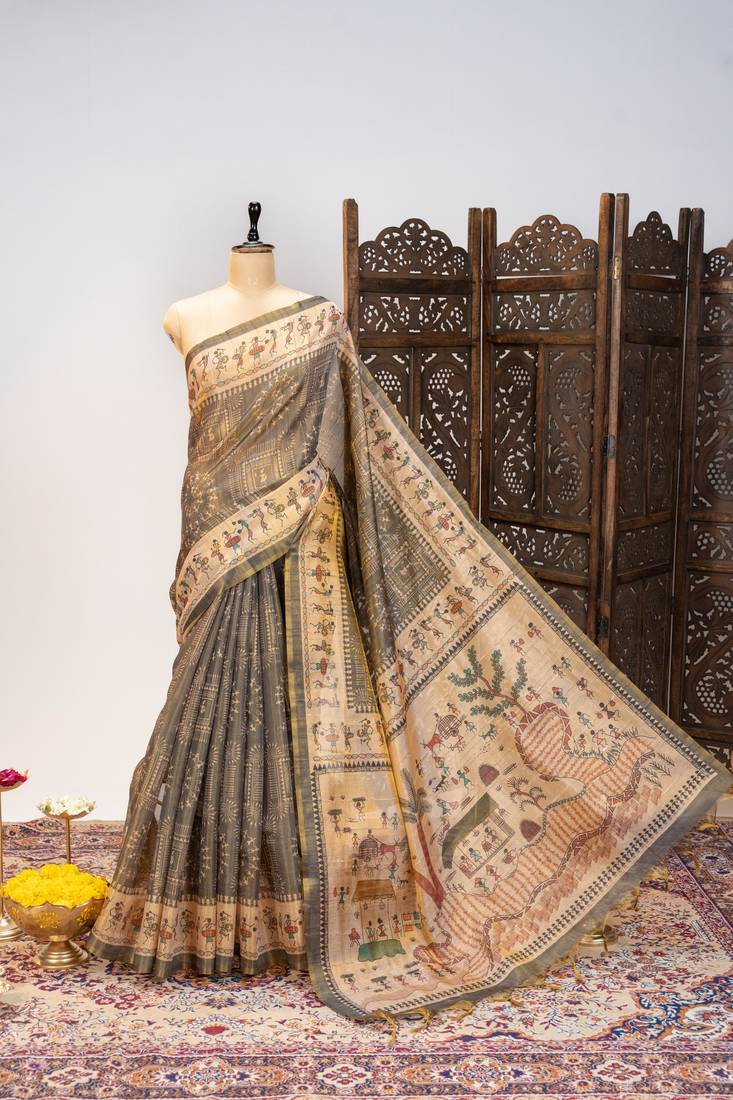 Premium soft pure tissue tussar silk saree with warli printed pallu & contrast border – traditional print