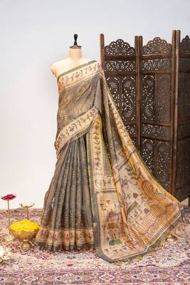  soft pure tissue tussar silk blend saree with warli printed pallu & contrast border print 3