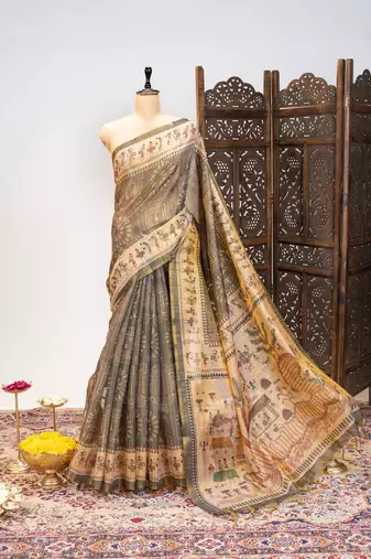 Premium soft pure tissue tussar silk blend saree with warli printed pallu & contrast border  print