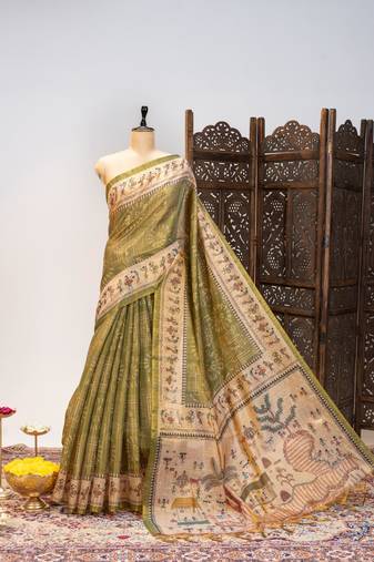 Premium soft pure tissue tussar silk saree with warli printed pallu & contrast border – traditional print