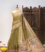 Premium soft pure tissue tussar silk blend saree with warli printed pallu & contrast border   traditional print