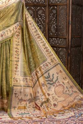 Premium soft pure tissue tussar silk blend saree with warli printed pallu & contrast border  print 2