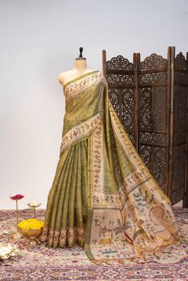 Premium soft pure tissue tussar silk blend saree with warli printed pallu & contrast border  print 3