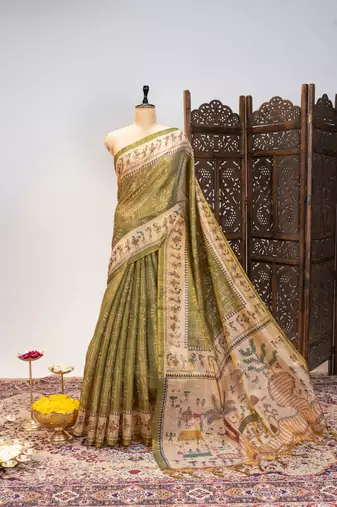 Premium soft pure tissue tussar silk blend saree with warli printed pallu & contrast border  print