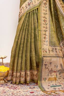 Premium soft pure tissue tussar silk blend saree with warli printed pallu & contrast border  print 4