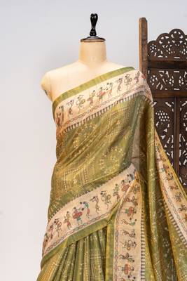 Premium soft pure tissue tussar silk blend saree with warli printed pallu & contrast border  print 5