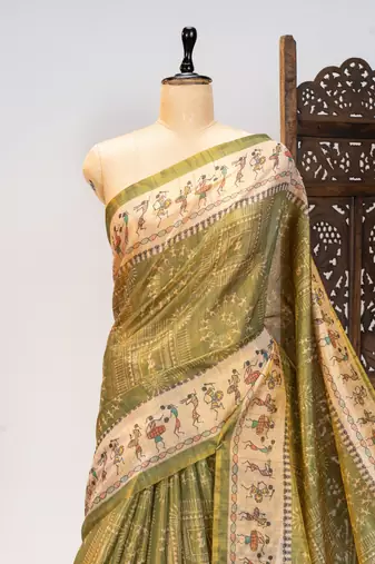 Premium soft pure tissue tussar silk blend saree with warli printed pallu & contrast border  print