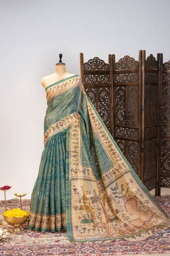 Premium soft pure tissue tussar silk saree with warli printed pallu & contrast border – traditional print