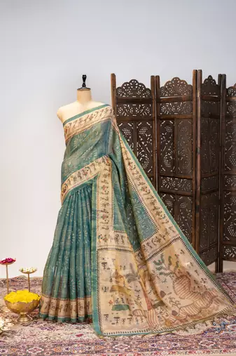 Premium soft pure tissue tussar silk saree with warli printed pallu & contrast border – traditional print