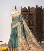Premium soft pure tissue tussar silk saree with warli printed pallu & contrast border     traditional print