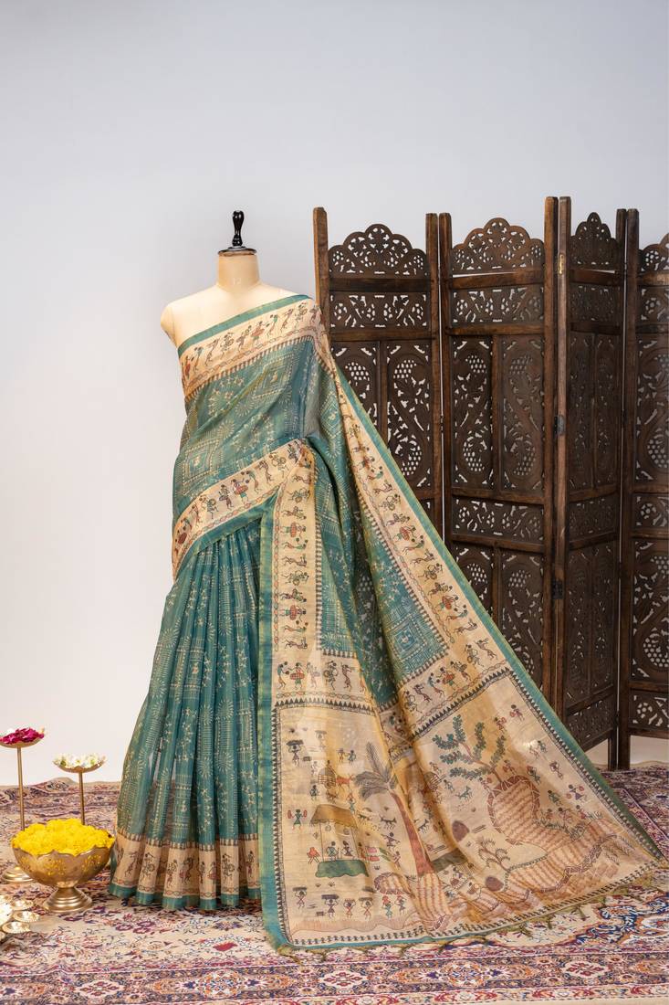 Premium soft pure tissue tussar silk saree with warli printed pallu & contrast border – traditional print