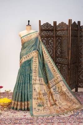 Premium soft pure tissue tussar silk blend saree with warli printed pallu & contrast border  print 2