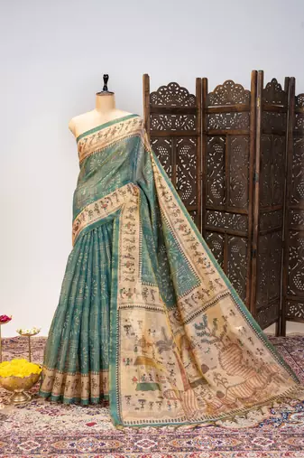 Premium soft pure tissue tussar silk blend saree with warli printed pallu & contrast border  print