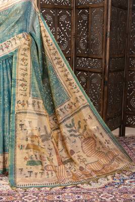 Premium soft pure tissue tussar silk blend saree with warli printed pallu & contrast border  print 3