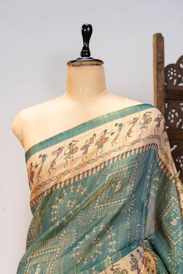 Premium soft pure tissue tussar silk blend saree with warli printed pallu & contrast border  print 4