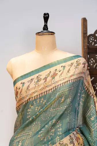 Premium soft pure tissue tussar silk blend saree with warli printed pallu & contrast border  print