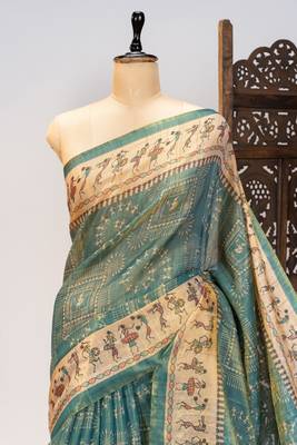 Premium soft pure tissue tussar silk blend saree with warli printed pallu & contrast border  print 5