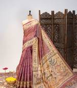 Premium soft pure tissue tussar silk blend saree with warli printed pallu & contrast border   print