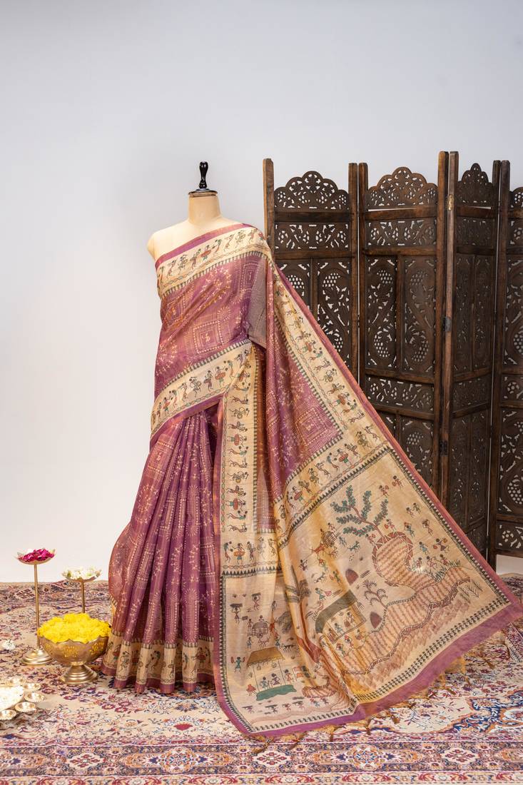 Premium soft pure tissue tussar silk saree with warli printed pallu & contrast border – traditional print