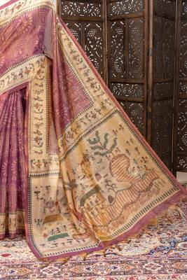  soft pure tissue tussar silk blend saree with warli printed pallu & contrast border print 2