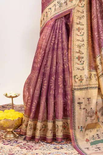 Premium soft pure tissue tussar silk blend saree with warli printed pallu & contrast border  print