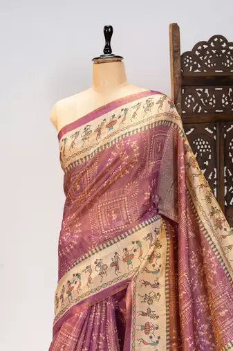 Premium soft pure tissue tussar silk blend saree with warli printed pallu & contrast border  print