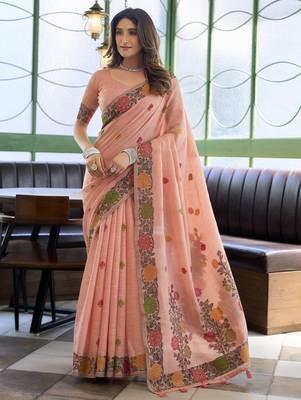 linen jacquard saree with fancy tassels 1
