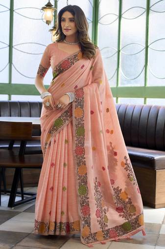 Linen jacquard handloom saree with fancy tassels     elegant textured weave